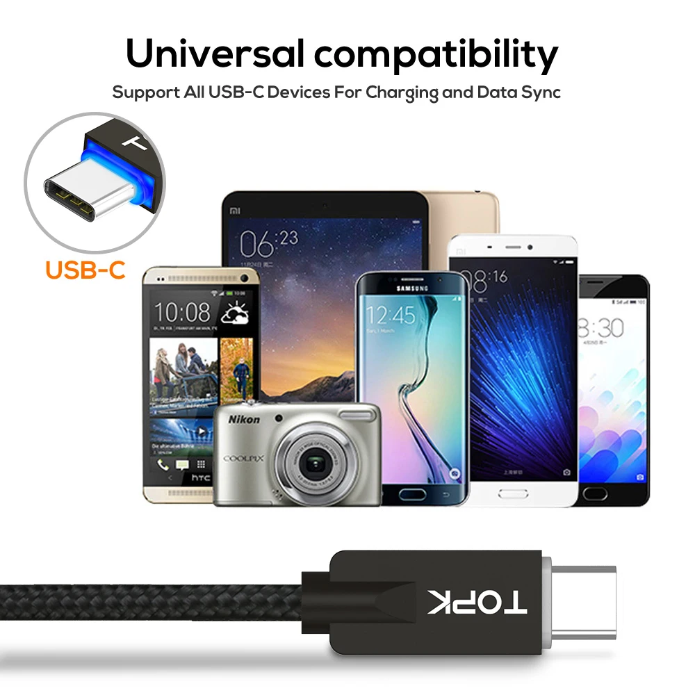 Topk светодиодный свет Тип c цинковый сплав Нейлон Плетеный USB 2.0A Тип-C кабель для