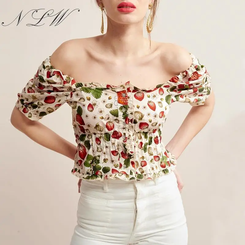 NLW Fruit Print Vintage Women Blouses Off Shoulder Button Peplum Crop Tops Chic Summer Beach white Blouse Shirts 2019 Blusa |