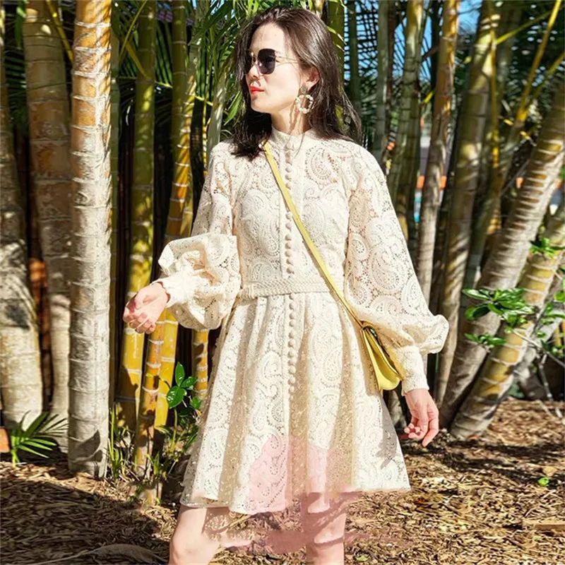 2019 Новое Женское кружевное платье с длинным рукавом белое пышными рукавами