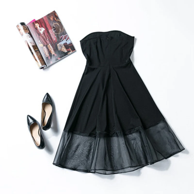 Женское Сетчатое платье до середины голени без бретелек а-силуэта модное черное