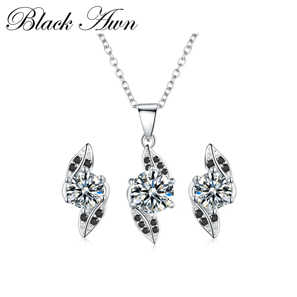 

[BLACK AWN] 925 Sterling Silver Fine Jewelry Sets Trendy Engagement Wedding Necklace+Earring for Women PT141