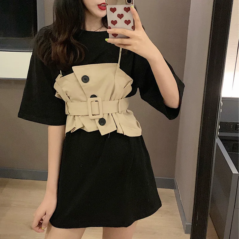 2 цвета летнее платье 2019 повседневное свободное с коротким рукавом мини Vestidos Feminino