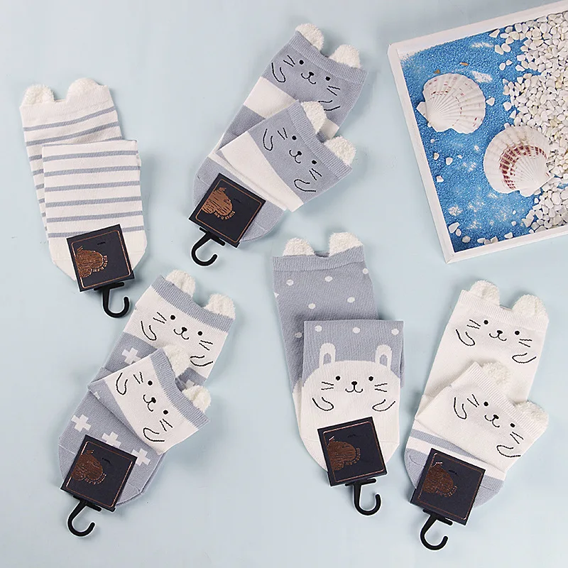 5 Pairs/Lot Women Cute Kawaii Short Socks Cartoon Animals Ears Funny Pattern Jingle Cat Bear Sheep Cotton Ankle Student Socks