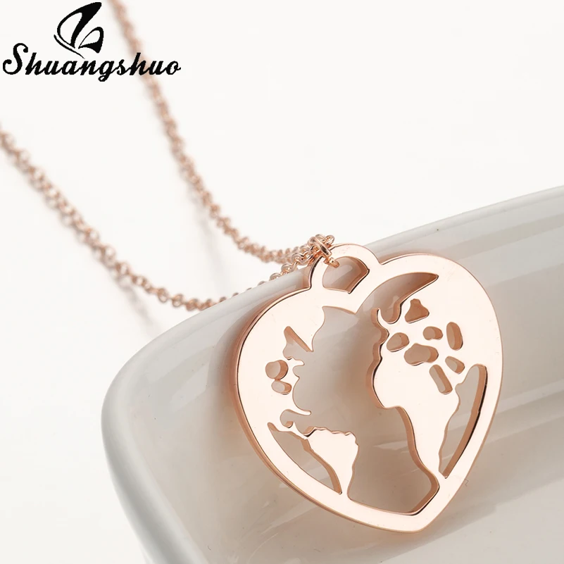 Shuangshuo Necklaces For Women Stainless Steel World Map Pendant Necklace Heart Shap Choker femme collares bijoux collier | Украшения и