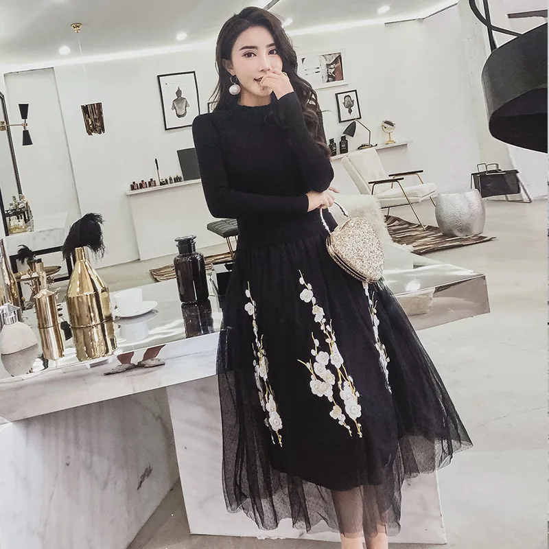 New winter knitting sweater dress off two gauze embroidery women warm show thin the tower | Женская одежда