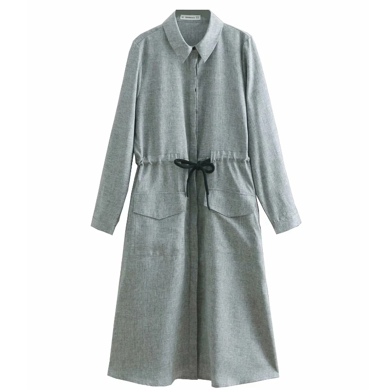 2019 women vintage solid color pocket shirtdress drawstring bow tie linen dress female long sleeve business midi vestidos | Женская