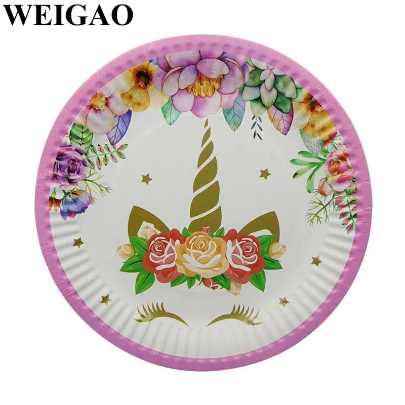 WEIGAO День Рождения Декор Одноразовая посуда для вечеринок комплект Единорог вечеринок торт Топпер Бумага чашка тарелка баннер Baby Shower Декор