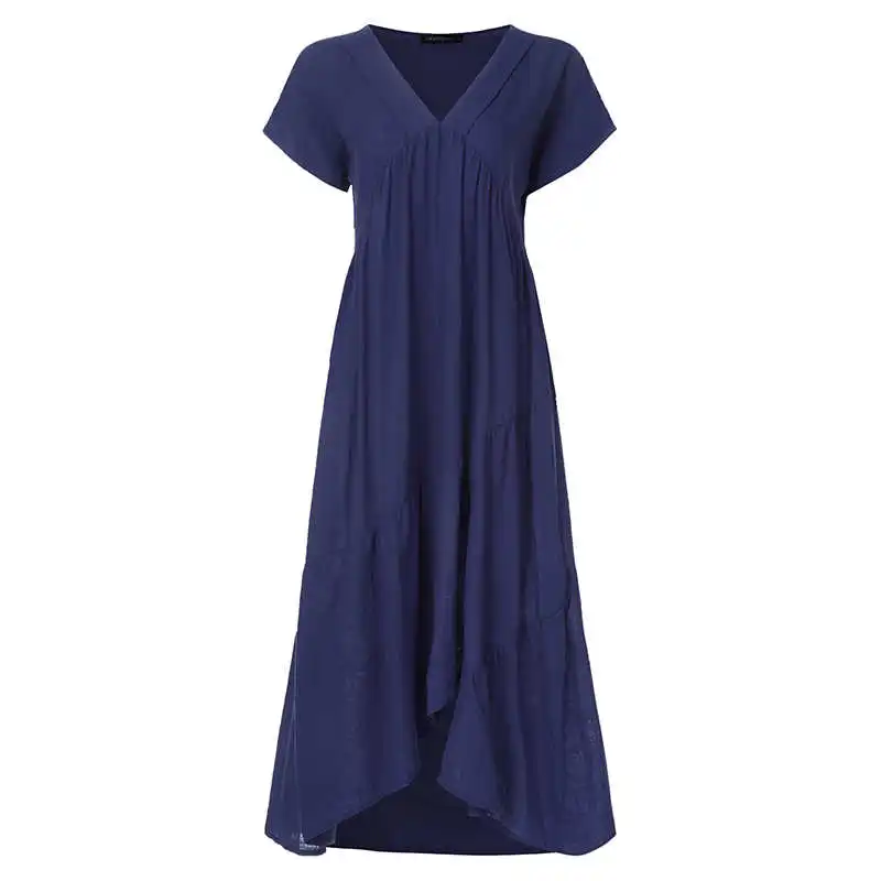 Navy Fashion Tunic Midi Dress Women's Summer Sundress ZANZEA Sexy V Neck Asymmetrical Vestidos Female Plus Size Ruffle Robe - Цвет: Navy