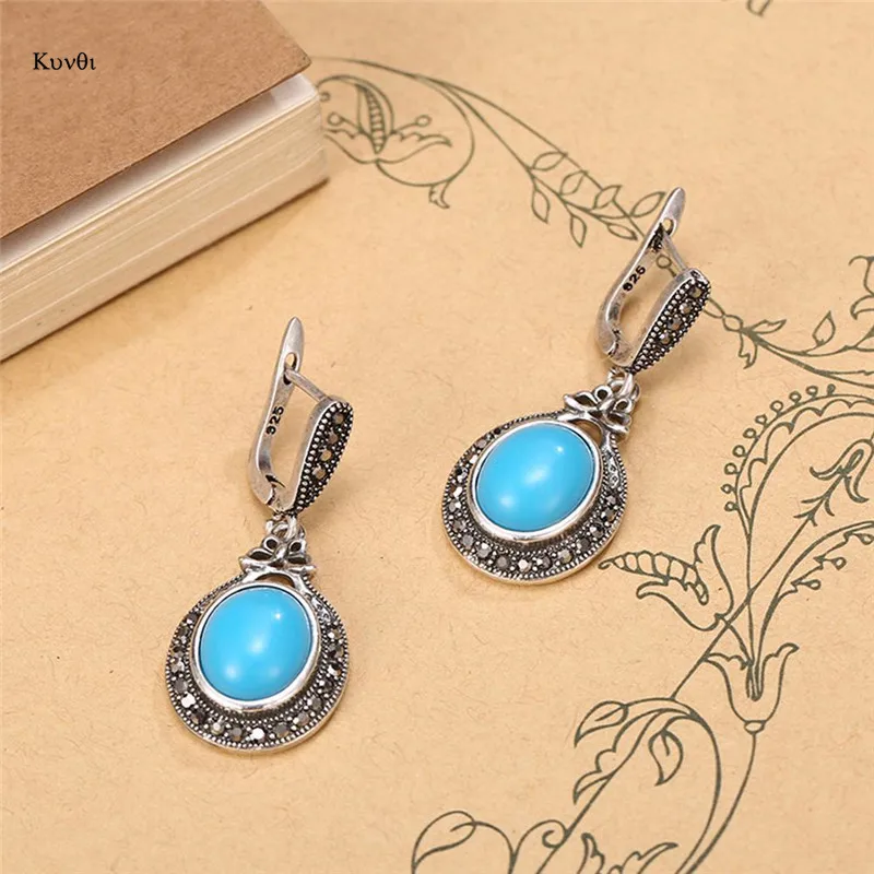 Vintage Sliver Plated Women Jewelry Sets Blue Natural Stone Drop Earring Pendent Necklace Retro Gift For Female | Украшения и
