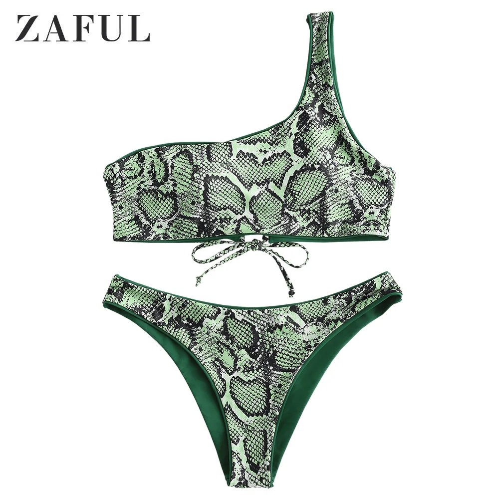 Medium Forest Green ZAFUL двусторонний комплект бикини со змеиным принтом, на одно плечо, два предмета в комплекте, женский купальник на шнуровке, купальник, сексуальный купальник - Цвет: Medium Forest Green