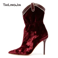 2019 fashion velvet ankle popular boots for women winter wine red pointed toe thin high heels boots plus size 46 ladies shoes