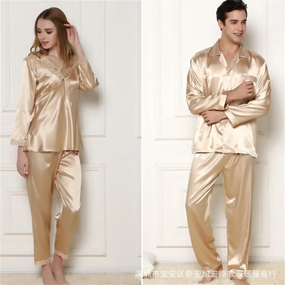 

New listing spring and summer men and women sexy silk pajamas cardigan long - sleeved couple loving home service suits
