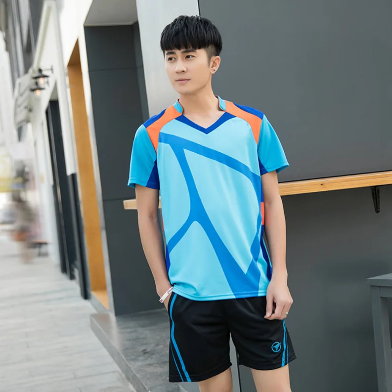 men blue set Костюм для бадминтона с коротким рукавом, мужская и женская рубашка для бадминтона, спортивный костюм, рубашка для настольного тенниса, рубашка для бега, командная форма, спортивная одежда - Цвет: men blue set