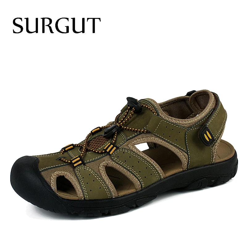 Army Green SURGUT/брендовые новые модные летние пляжные сандалии мужские мягкие дышащие сандалии из натуральной кожи мужская повседневная обувь Большие размеры 38-47 - Цвет: Army Green