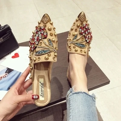 khaki chrry slipper SWYIYV женские Туфли без каблуков Лоферы новые стразы; лоферы; повседневная обувь для женщин; острый носок Туфли без каблуков - Цвет: khaki chrry slipper