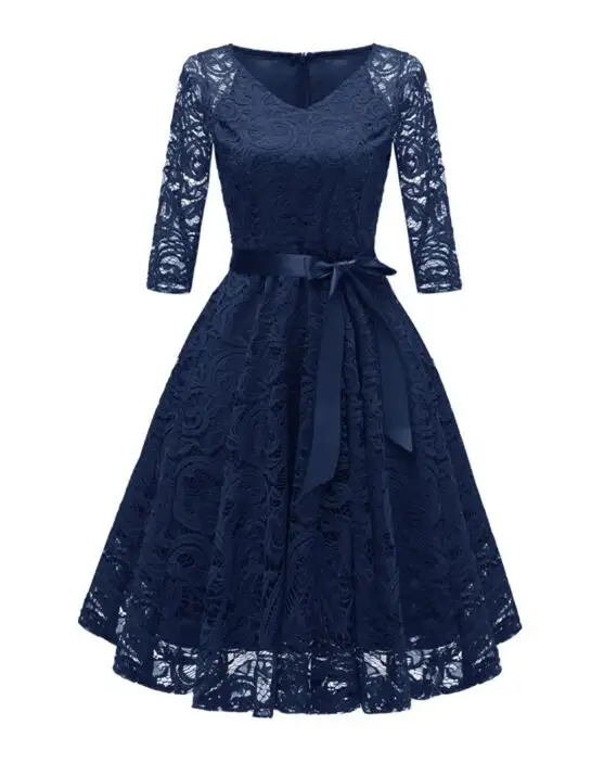 Navy Blue Newland ZhiMei, бургундское коктейльное платье, сексуальное, v-образный вырез, рукав три четверти, кружевное, длина до колена, женское платье, vestidos coctel - Цвет: Navy Blue