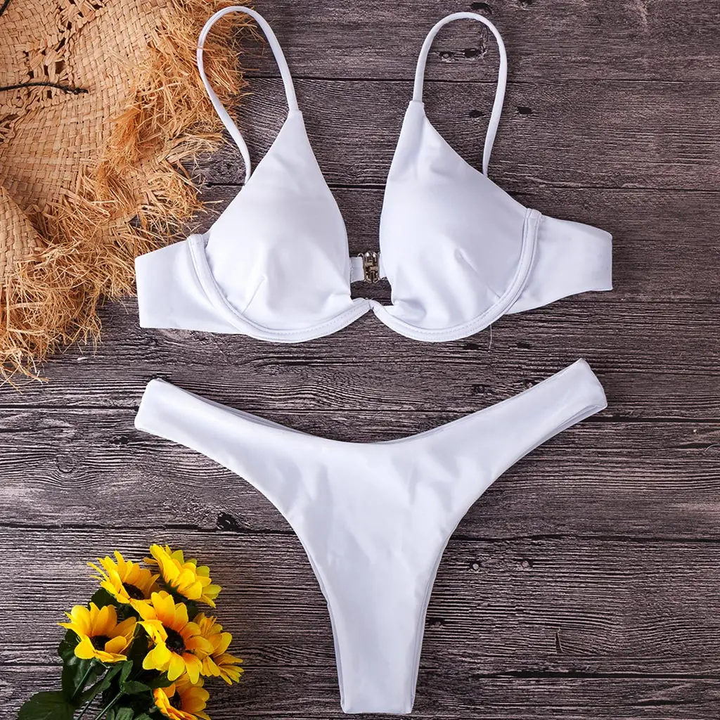 Сексуальный купальник бикини женский на косточках купальный костюм однотонный