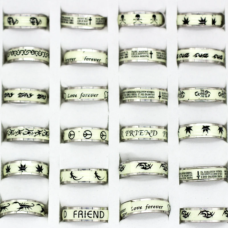 20 Pieces/lot Stainless Steel Luminous Rings Wholesale Mix Pattern Letter Vintage for Women and Men Glow In The Dark | Украшения и