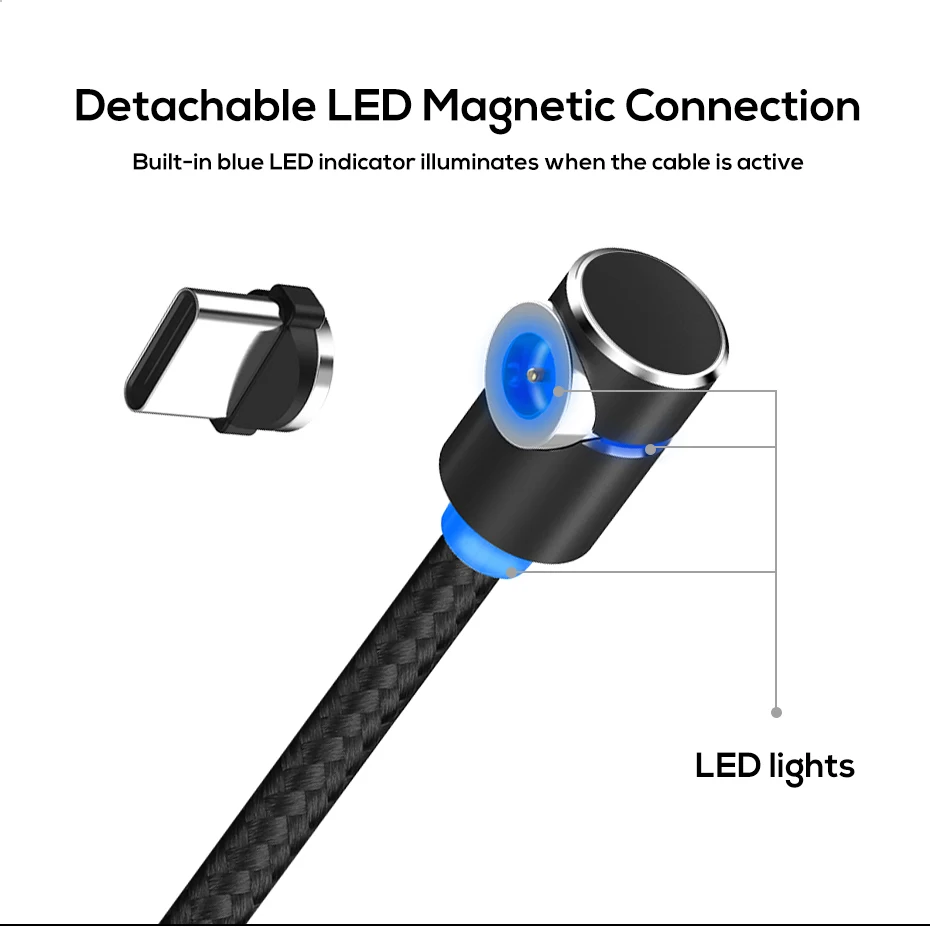 TOPK L-Line 1 м 2 м 90 градусов L Тип Магнитный кабель Micro USB кабель и usb type C светодиодный магнитный Кабель зарядного устройства для iPhone X 8 7 6