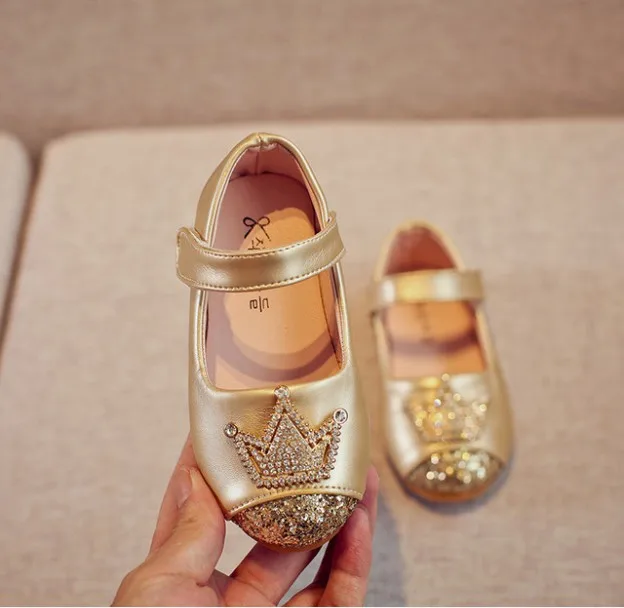Spring Kids princes Shoes For Girls Children Girl Wedding Shoe Gold Black Crown Sequins Baby Waterproof Footwear | Детская одежда и