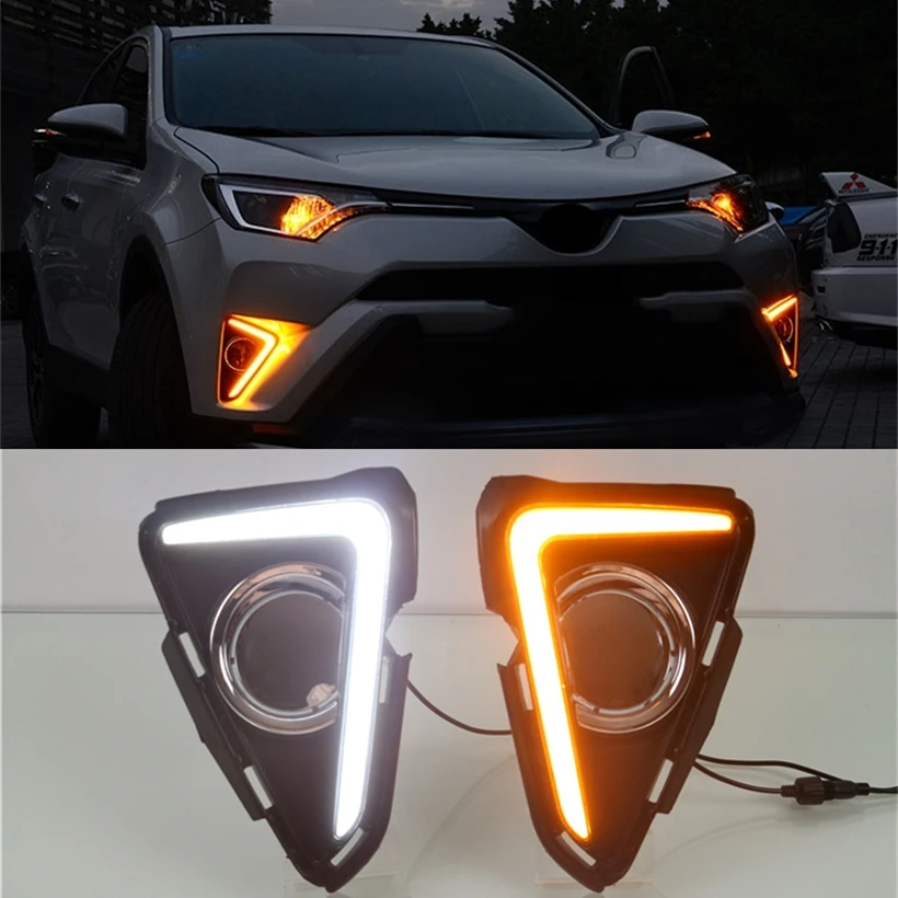 Для Toyota RAV4, желтый обращаясь Сингал Водонепроницаемый ABS 12В дневные ходовые огни Светодиодный дневной светильник с отверстием для противотуманной лампы