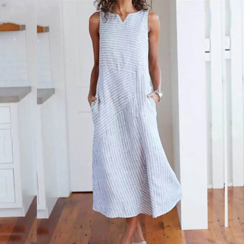V neck white Fanbty женское сексуальное платье без рукавов в полоску с карманами, Элегантное летнее пляжное свободное платье, Повседневное платье средней длины с круглым вырезом размера плюс - Цвет: V neck white