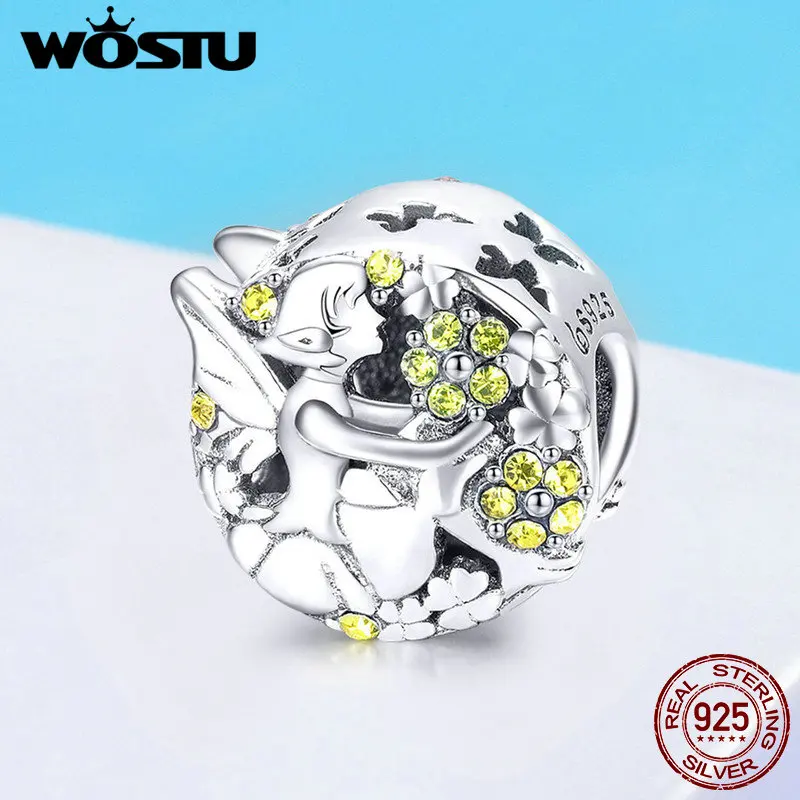 WOSTU, высокое качество, 925 пробы, серебро, энергичный эльф, цветок, фея, амулеты, бисер, подходит для серебряных браслетов, сделай сам, брендовые ювелирные изделия, подарок FNC026