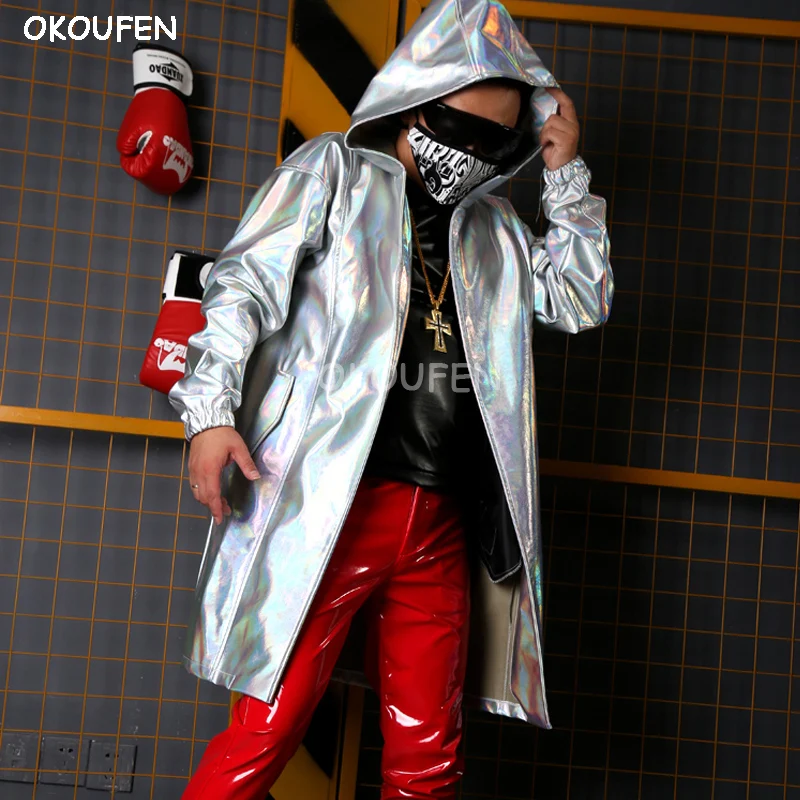 Модный крутой Серебряный кожаный Длинный плащ с капюшоном Мужская Уличная