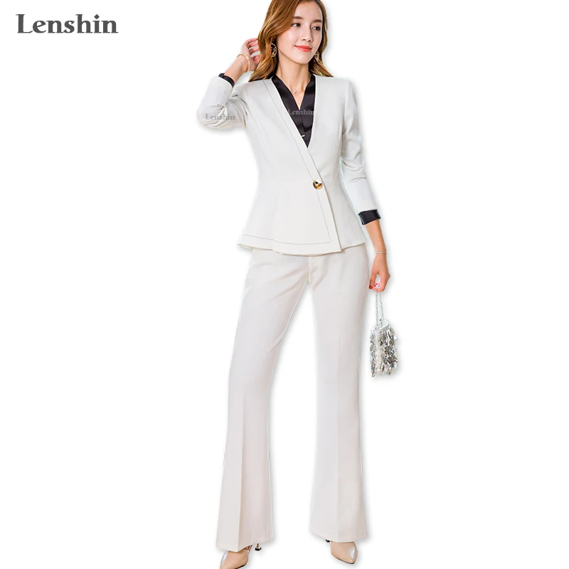 Lenshin 2 Pieces Set Women Formal Pant Suit Office Lady Fashion Style V-Neck Jacket and Bell-bottom Trousers