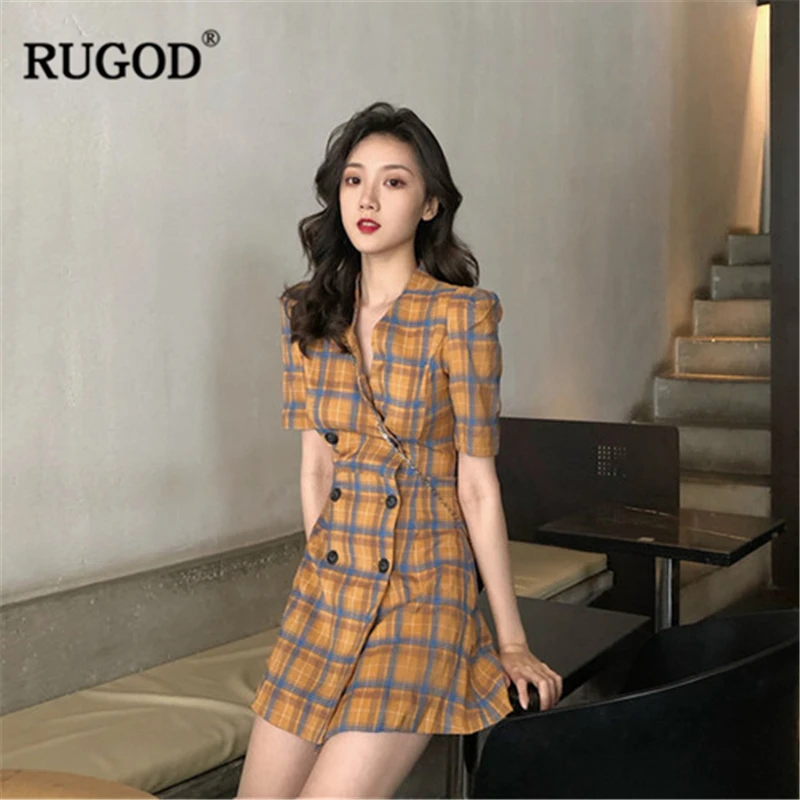 Женское клетчатое платье RUGOD облегающее двубортное с отложным воротником
