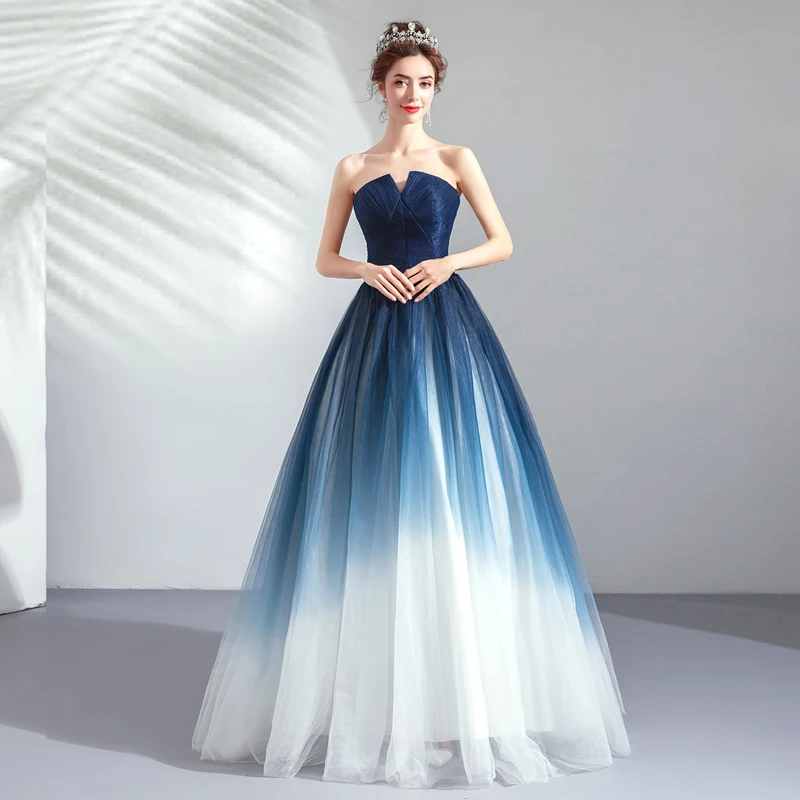 

2019 New Gradient Color Prom Dresses V-neck A-line Long Formal Party Dresses Vestido Longo Festa Gala Pleats Tulle Prom Gowns