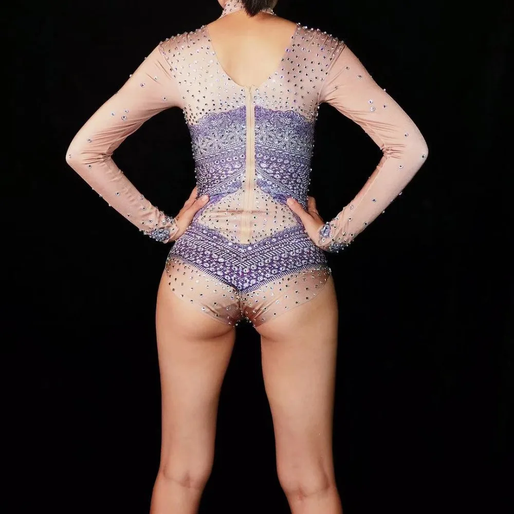 Christia Bella New Sexy Crystal Bodysuit Women Long Sleeve Leotard Nightclub Pole Dancing Stage Costumes Performance Jumpsuits