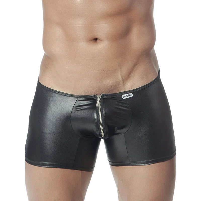 Mens Underwear Boxers Black Vinyl Leather Zip Front Boxer Homme Bokserki Gifts for Men Sissy Underwear Boxershorts Men