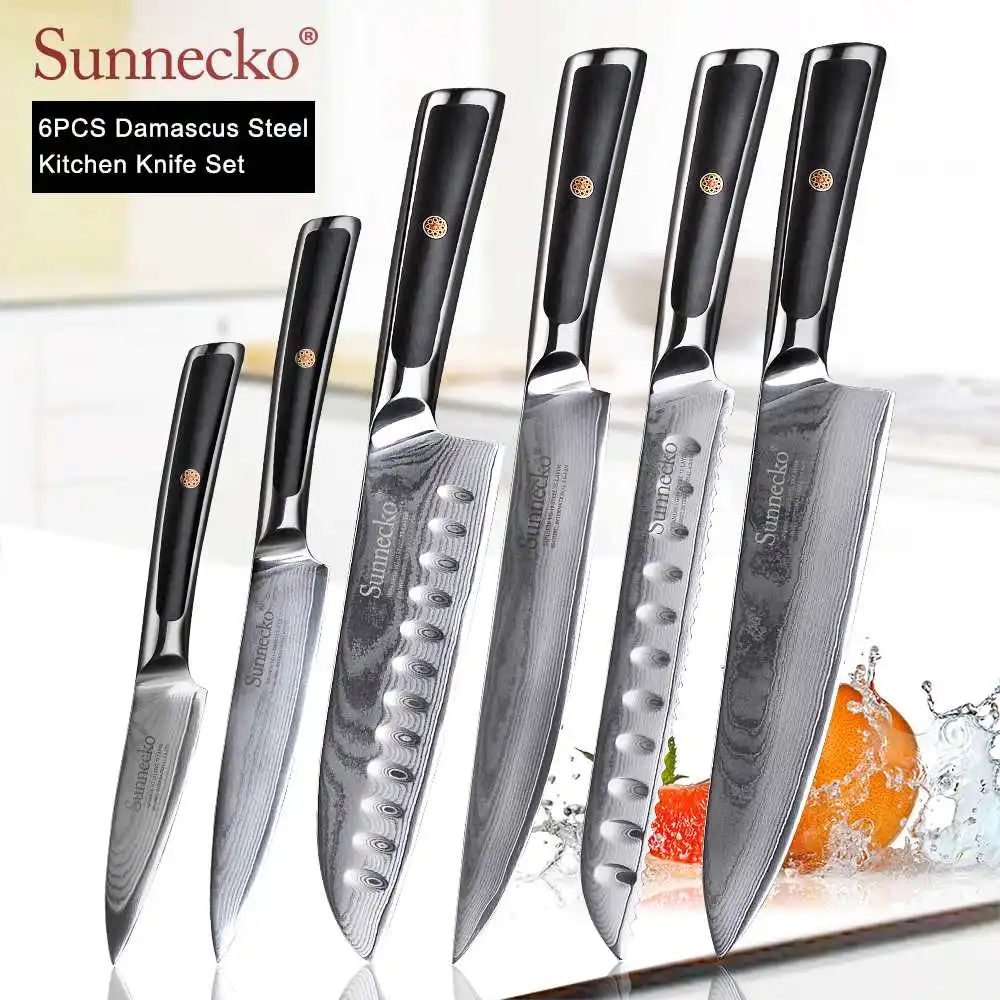 6pcs Set A SUNNECKO дамасский нож шеф-повара для очистки хлеба Santoku нож для стейка японский VG10 Сталь G10 ручка для резки мяса набор кухонных ножей - Цвет: 6pcs Set A