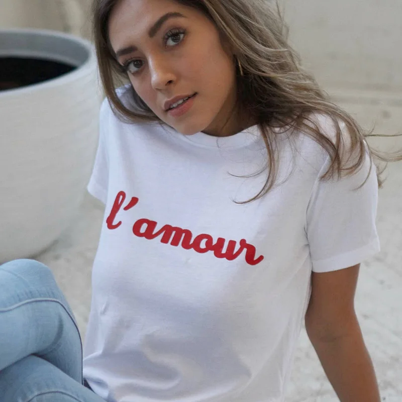 Харадзюку L' Amour французский буквенный принт Женская футболка Повседневная футболка Топ летний короткий рукав женская футболка забавная футболка Харадзюку