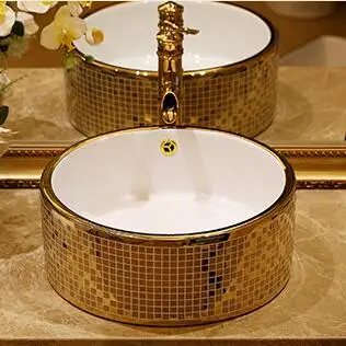 Золотая мозаичная столешница круглая керамическая раковина для ванной комнаты