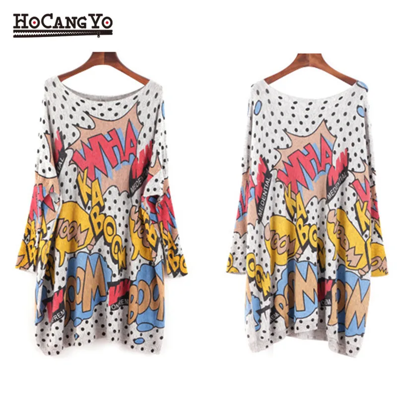 HCYO Oversized Fashion Women Long Sweaters Shirt Slash Neck Batwing Sleeve Print Pullovers Clothing Female Loose Casual Sweater | Женская