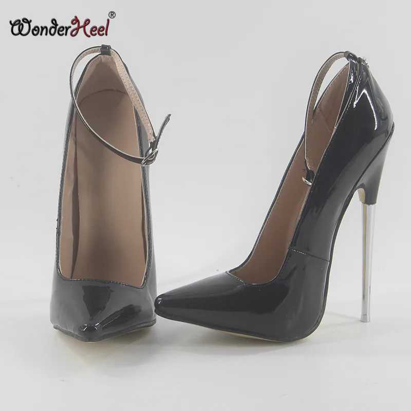 Wonderheel/Высокий каблук 18 см металлическом каблуке из лакированной кожи " каблук пикантные туфли для фетиша с ремешками на лодыжках с острым носком пикантные женские туфли-лодочки