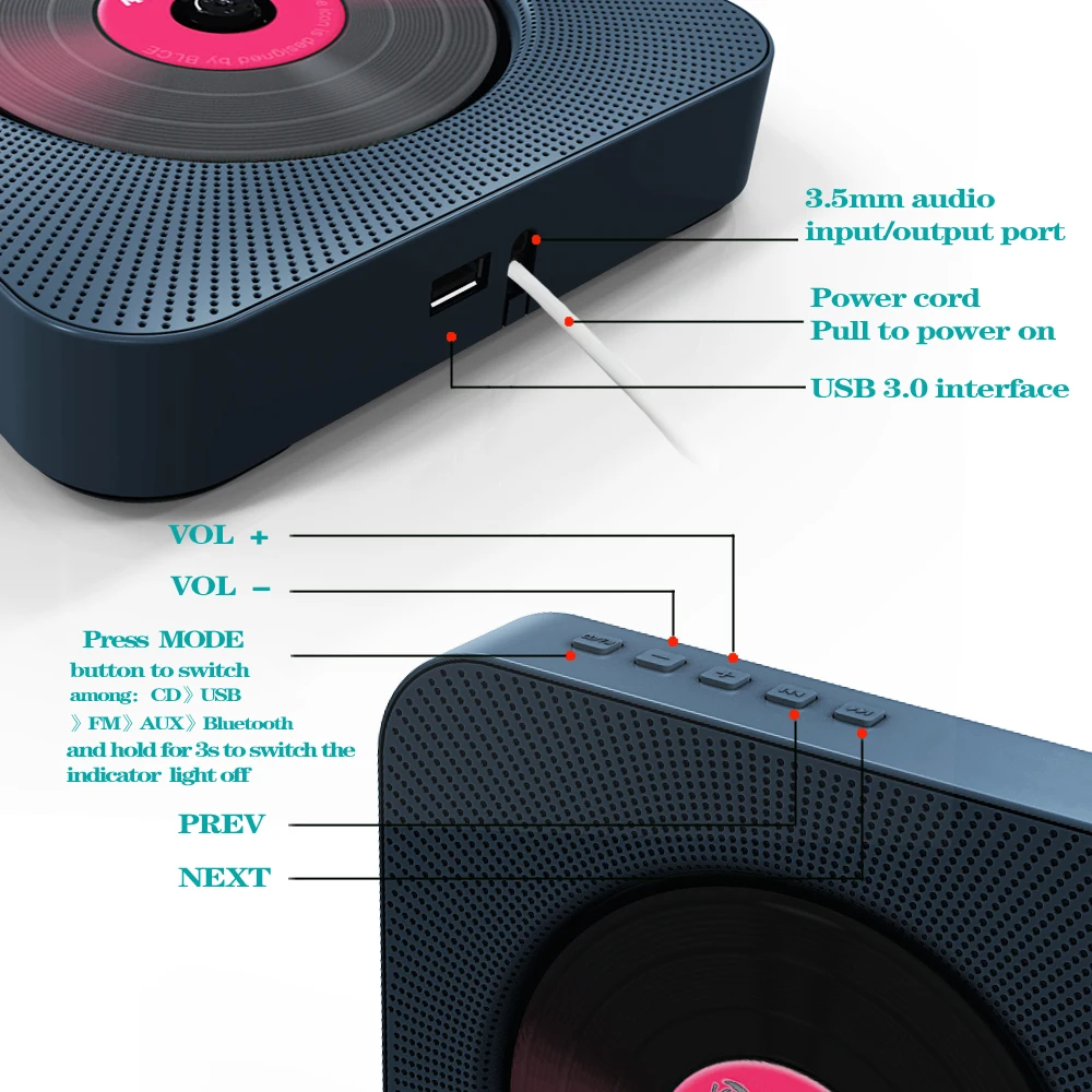 Настенный Bluetooth cd плеер потяните переключатель с дистанционным HiFi динамиком USB