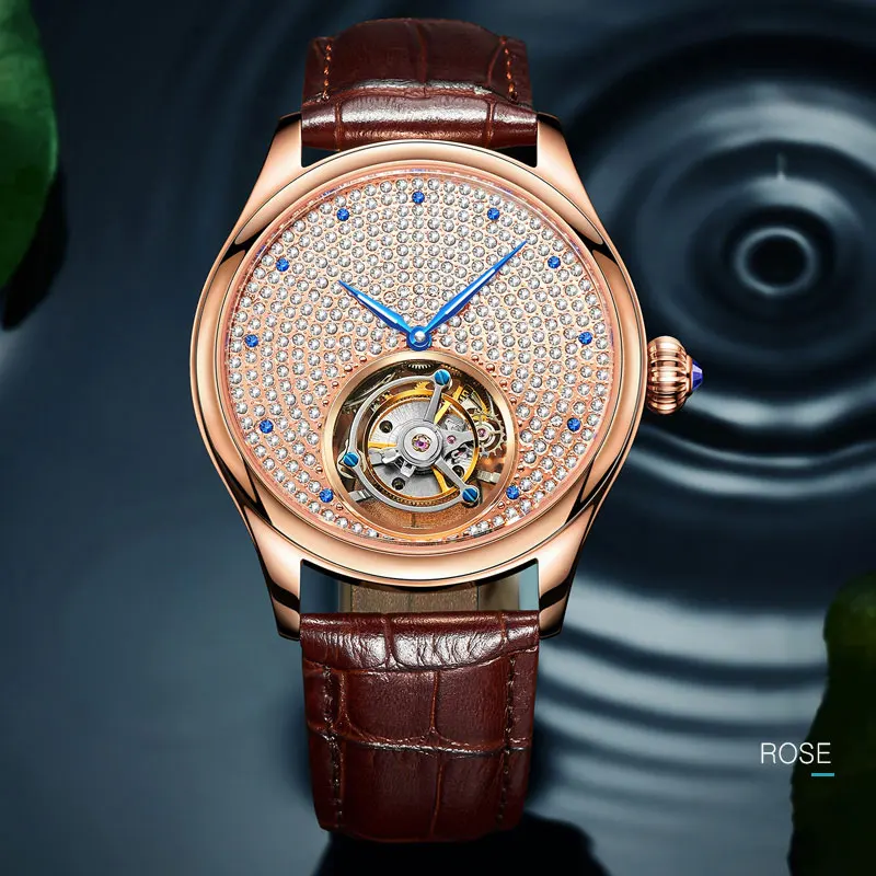 Rose gold Настоящие Tourbillon сапфировые мужские часы Топ бренд Роскошные Стразы Часы Мужские механические часы золотые мужские часы - Цвет: Rose gold
