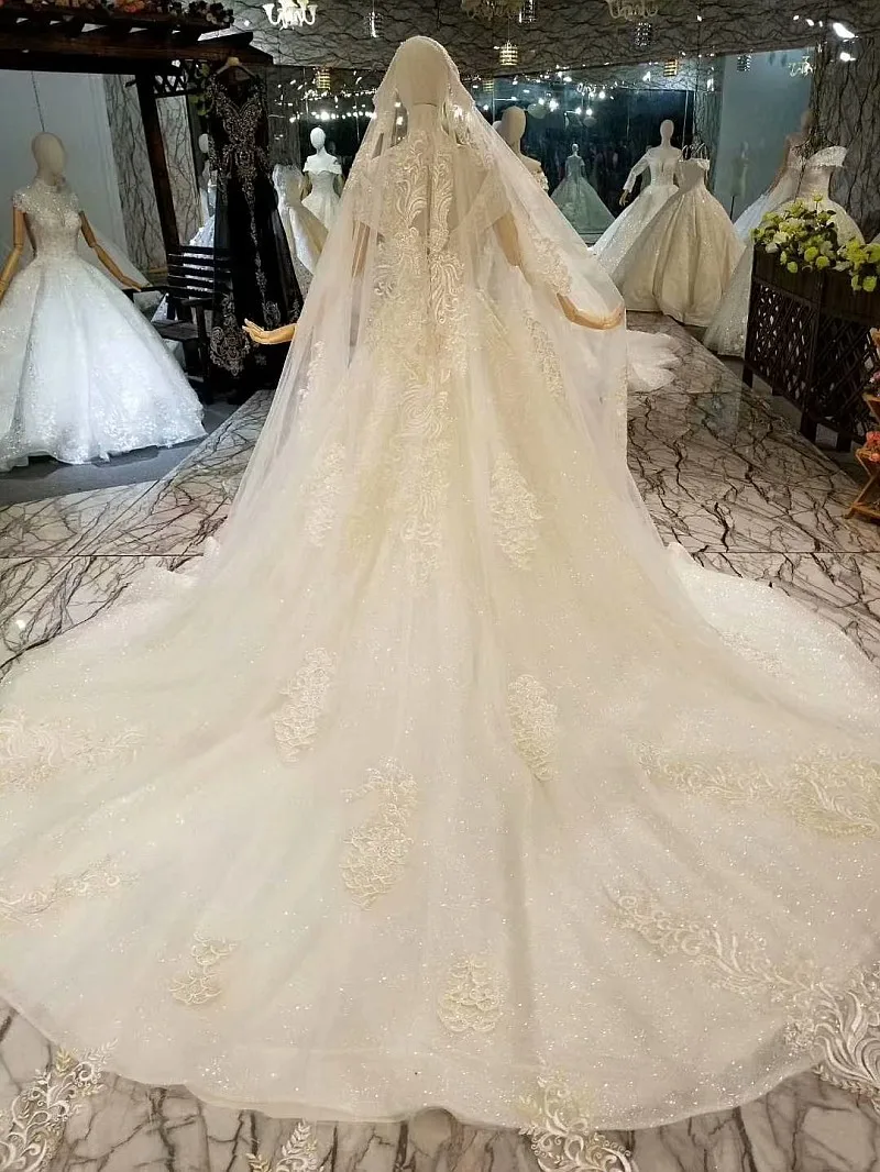 Elegant Lace Ball Gowns Wedding Dresses Vestido De Noiva Puffy Beaded Up Chapel Train Cap Shoulder Bridal Casamento | Свадьбы и