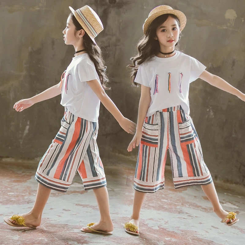 Летние костюмы для девочек комплект детской одежды одежда из хлопка и льна