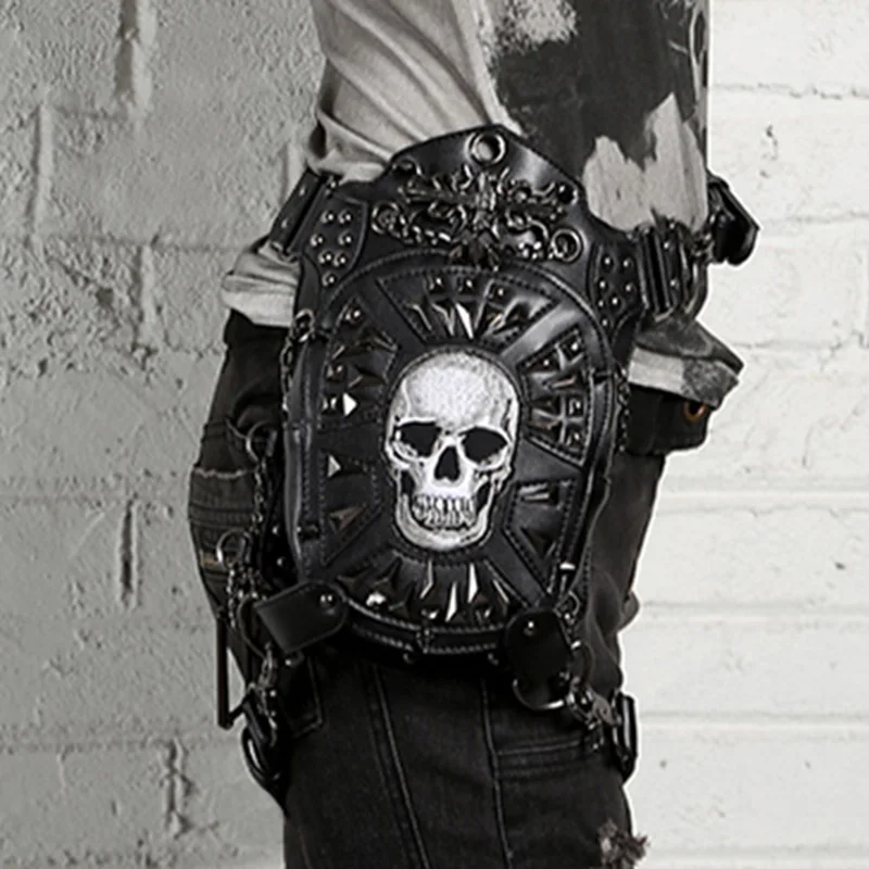 Кожаная сумка мессенджер в стиле панк с рисунком головы и черепа|cross body fanny pack|hip