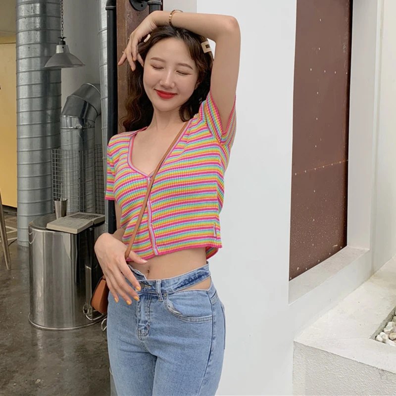 Новинка лета 2019 укороченный топ однобортный Кардиган в цветную полоску короткий