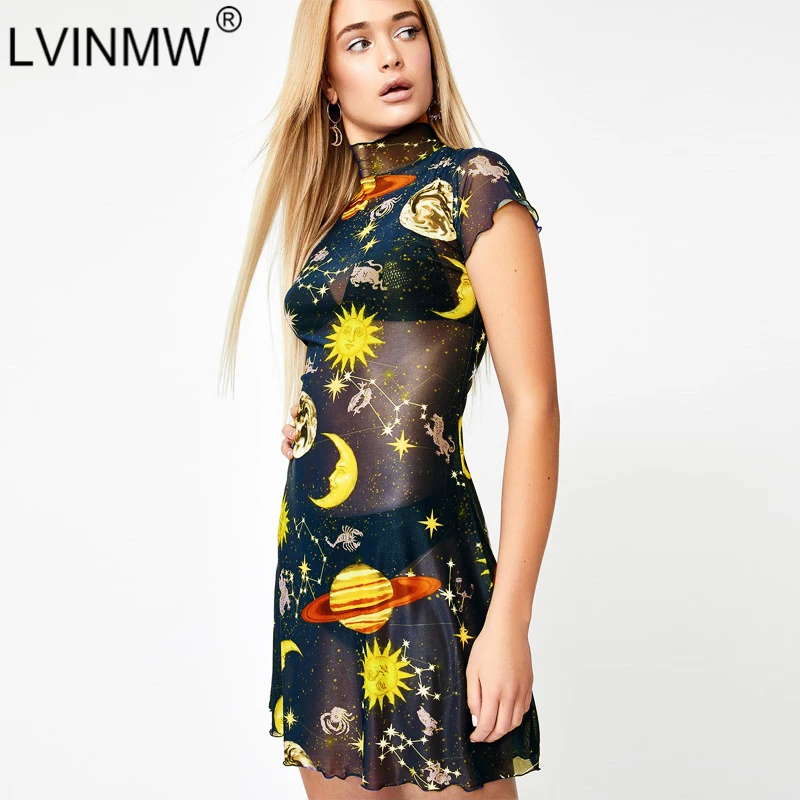 LVINMW пикантные сетчатые прозрачные Galaxy со звездным принтом плиссированное платье