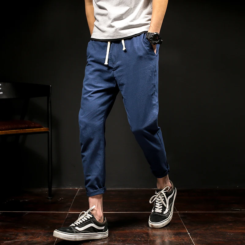 Мужские японские одноцветные повседневные брюки из льна до щиколотки мужская