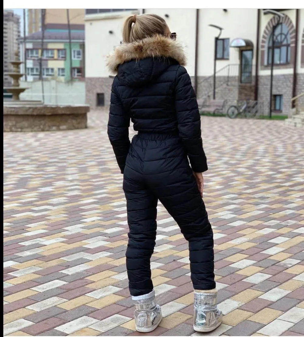 Зимние женские цельные брюки, теплый пуховик плюс хлопок с капюшоном, большой меховой воротник, многоцветный сиамский хлопковый лыжный костюм, женский сиамский костюм