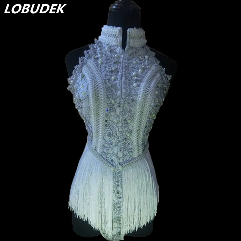 

Sexy White Gold Tassels Bodysuit Beads Bodysuits Women Costume Nightclub Bar DJ DS Stage Wear Singer Dancer Show Dance Outfits