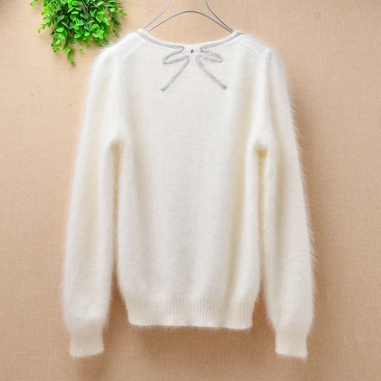 Зимний вязаный пуловер из Ангорского кроличьего меха с О-образным вырезом и