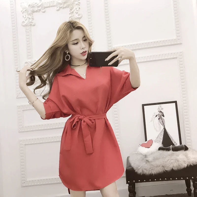 Женское шифоновое платье с коротким рукавом летучая мышь и отложным воротником |